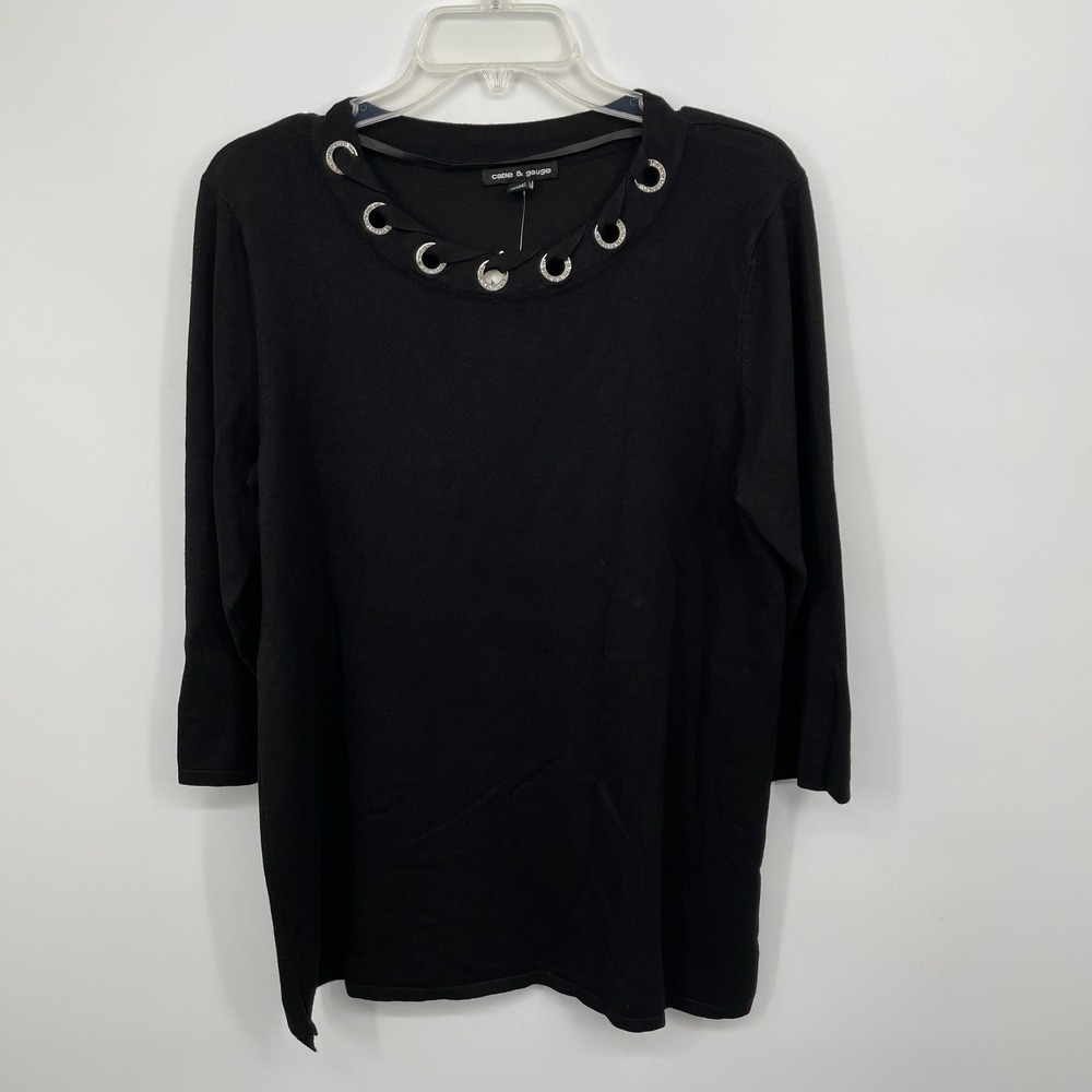 Cable & Gauge NWT Women's Black Embellished Grommet Neck Knit Top Size Large